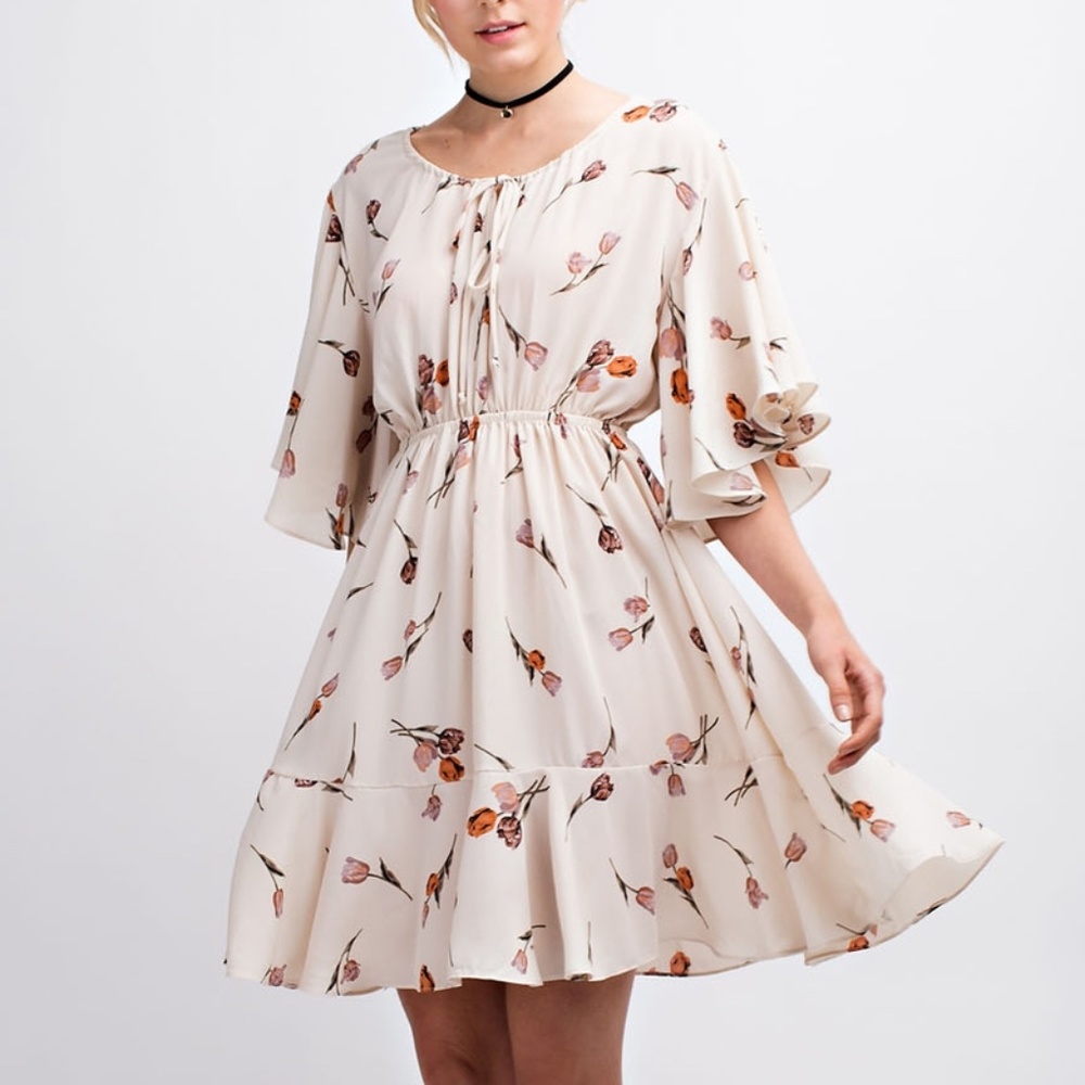 Ivory Floral Flutter Sleeve Dress